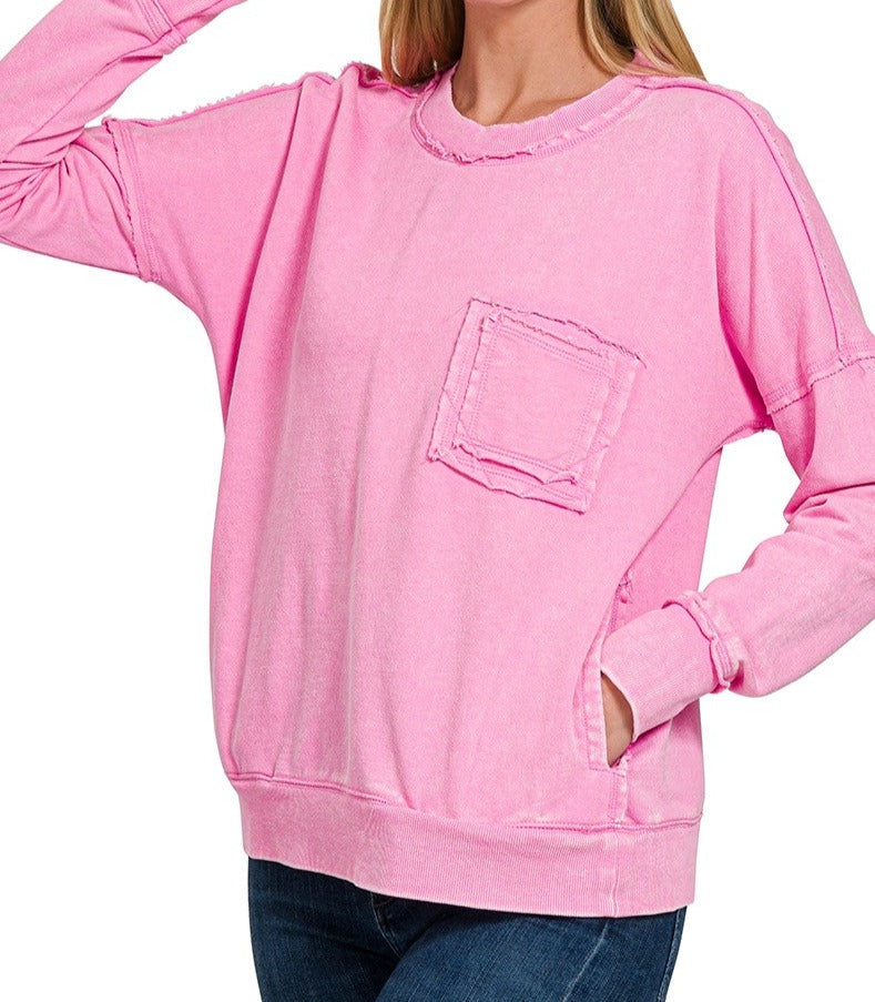 TERRY WASHED RAW EDGE POCKET PULLOVER