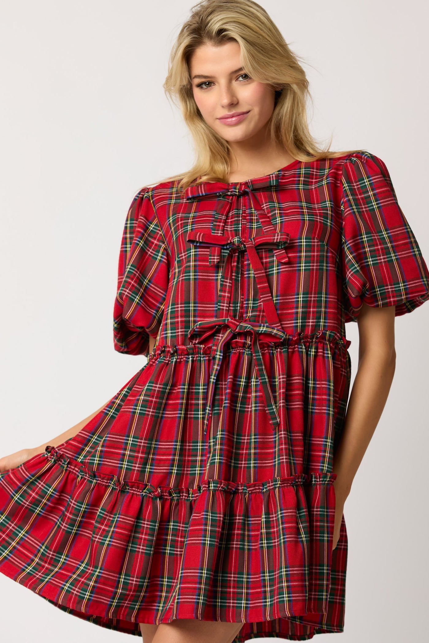 CHRISTMAS PLAID BOW DETAIL MINI DRESS