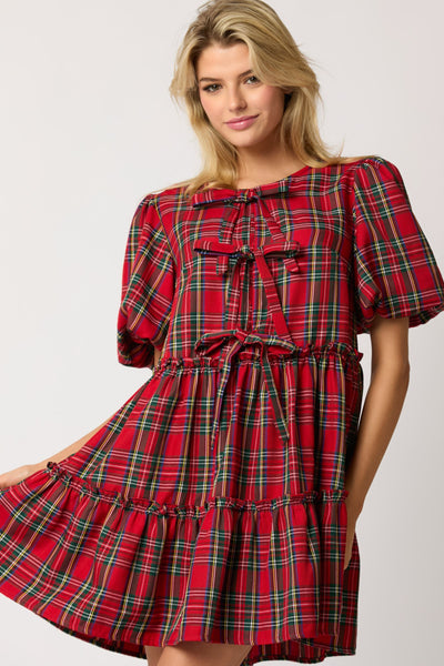 CHRISTMAS PLAID BOW DETAIL MINI DRESS