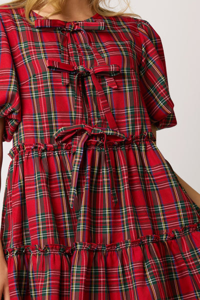CHRISTMAS PLAID BOW DETAIL MINI DRESS