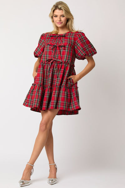 CHRISTMAS PLAID BOW DETAIL MINI DRESS