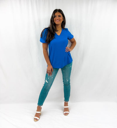 BLUE SKIES BUBBLE SLEEVE TOP