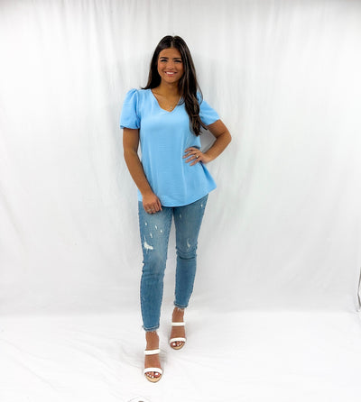 BLUE SKIES BUBBLE SLEEVE TOP