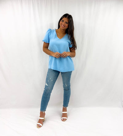 BLUE SKIES BUBBLE SLEEVE TOP